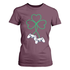 Video Game Lover St Patricks Day with Shamrock Controllers T Shirt For Women TS11 Maroon Print Your Wear