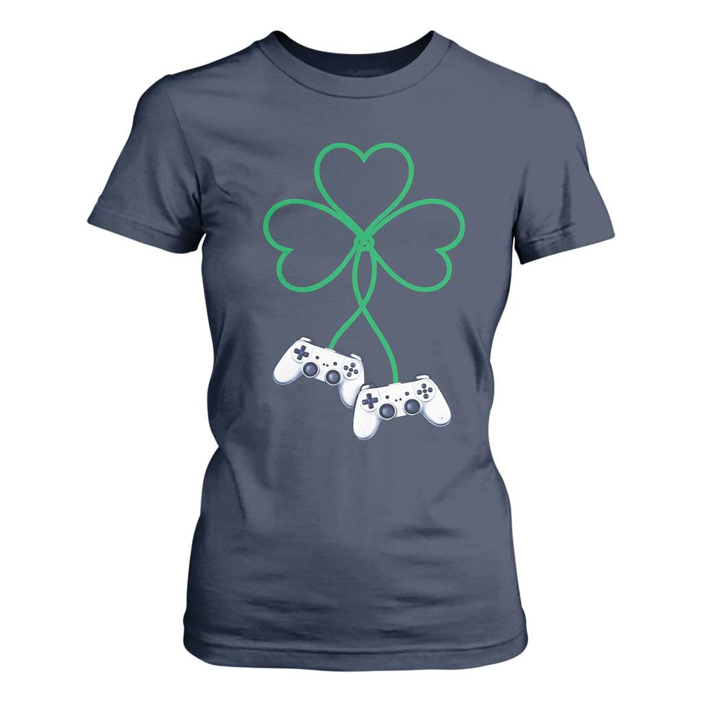 Video Game Lover St Patricks Day with Shamrock Controllers T Shirt For Women TS11 Navy Print Your Wear