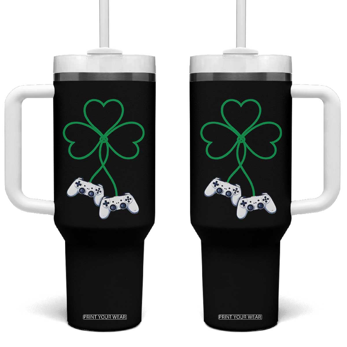 Video Game Lover St Patricks Day with Shamrock Controllers Tumbler With Handle TS11 One Size: 40 oz Black Print Your Wear