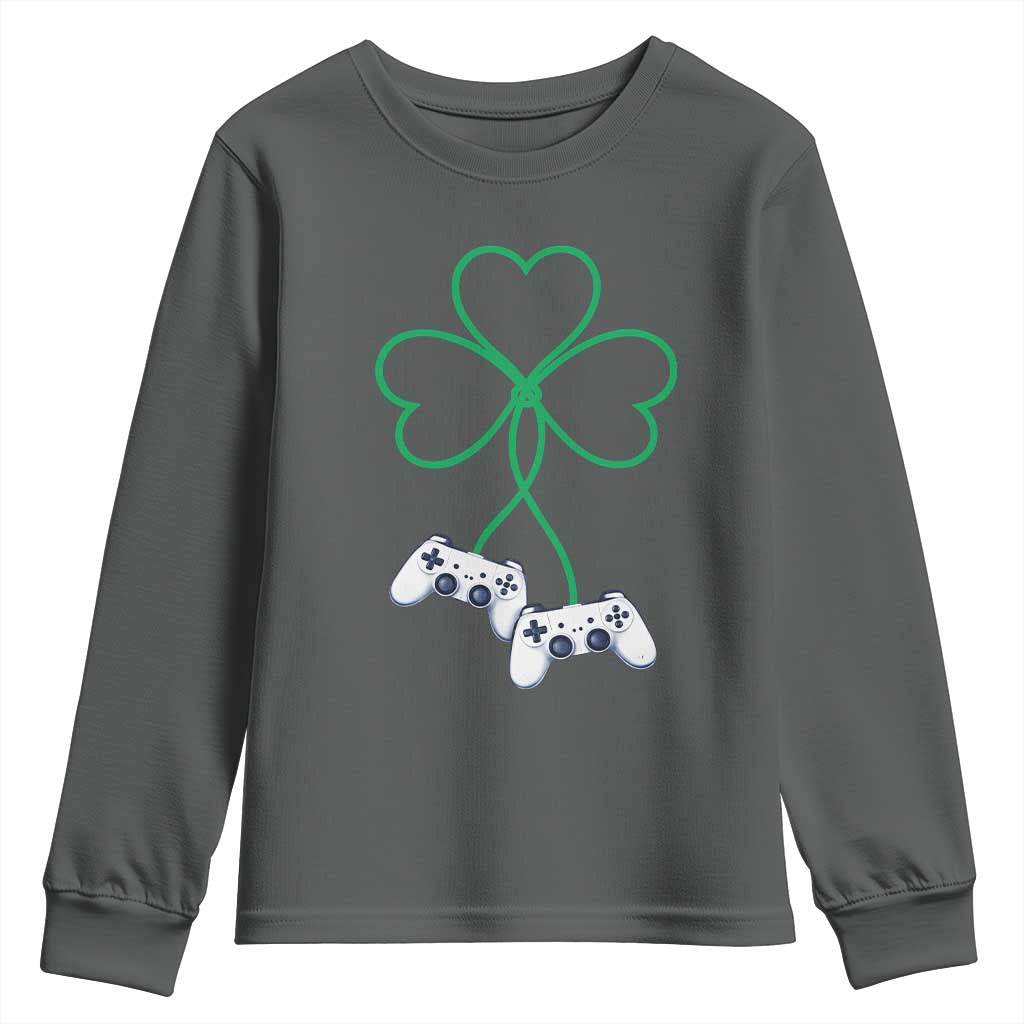 Video Game Lover St Patricks Day with Shamrock Controllers Youth Sweatshirt TS11 Dark Heather Print Your Wear