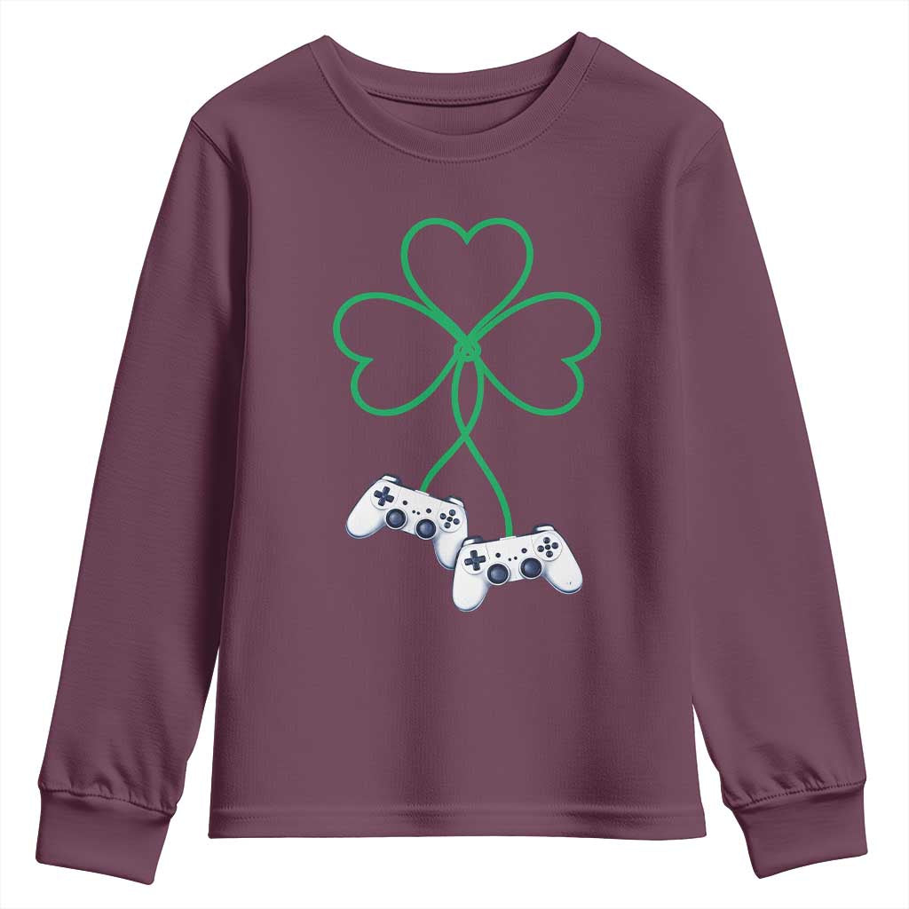 Video Game Lover St Patricks Day with Shamrock Controllers Youth Sweatshirt TS11 Maroon Print Your Wear
