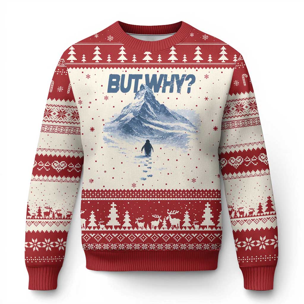 Penguin But Why Ugly Christmas Sweater Funny Penguin Snowy Mountain Meme TS11 Beige Red Print Your Wear