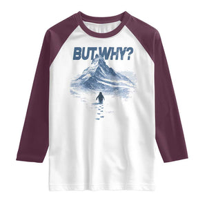 Penguin But Why Raglan Shirt Funny Penguin Snowy Mountain Meme TS11 White Maroon Print Your Wear