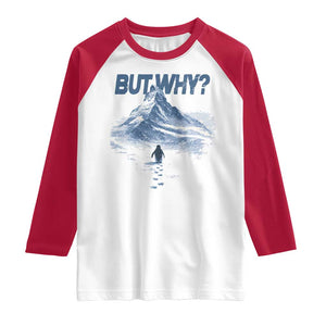 Penguin But Why Raglan Shirt Funny Penguin Snowy Mountain Meme TS11 White Red Print Your Wear