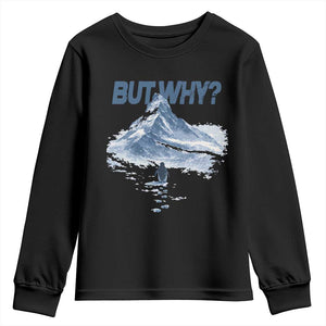 Penguin But Why Youth Sweatshirt Funny Penguin Snowy Mountain Meme TS11 Black Print Your Wear