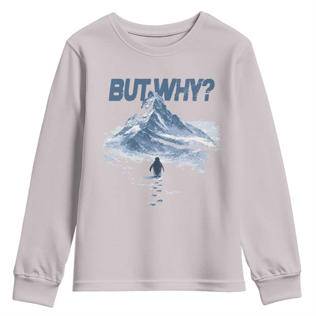 Penguin But Why Youth Sweatshirt Funny Penguin Snowy Mountain Meme TS11 Ice Gray Print Your Wear