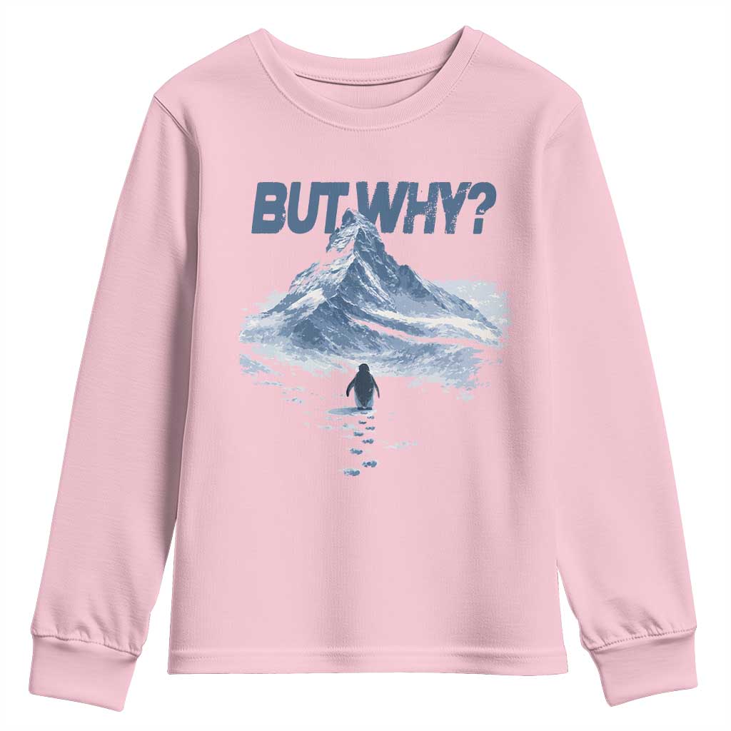 Penguin But Why Youth Sweatshirt Funny Penguin Snowy Mountain Meme TS11 Light Pink Print Your Wear