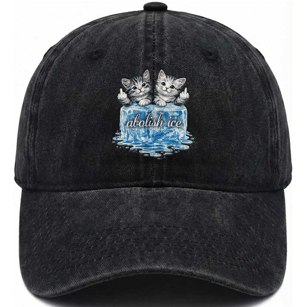 Abolish Ice Washed Cotton Baseball Cap Cute Cat Melting Ice Pro Immigrant TS11 Print Your Wear