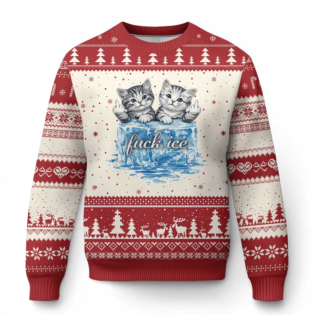 Fck Ice Ugly Christmas Sweater Cute Cat Melting Ice Pro Immigrant TS11 Beige Red Print Your Wear