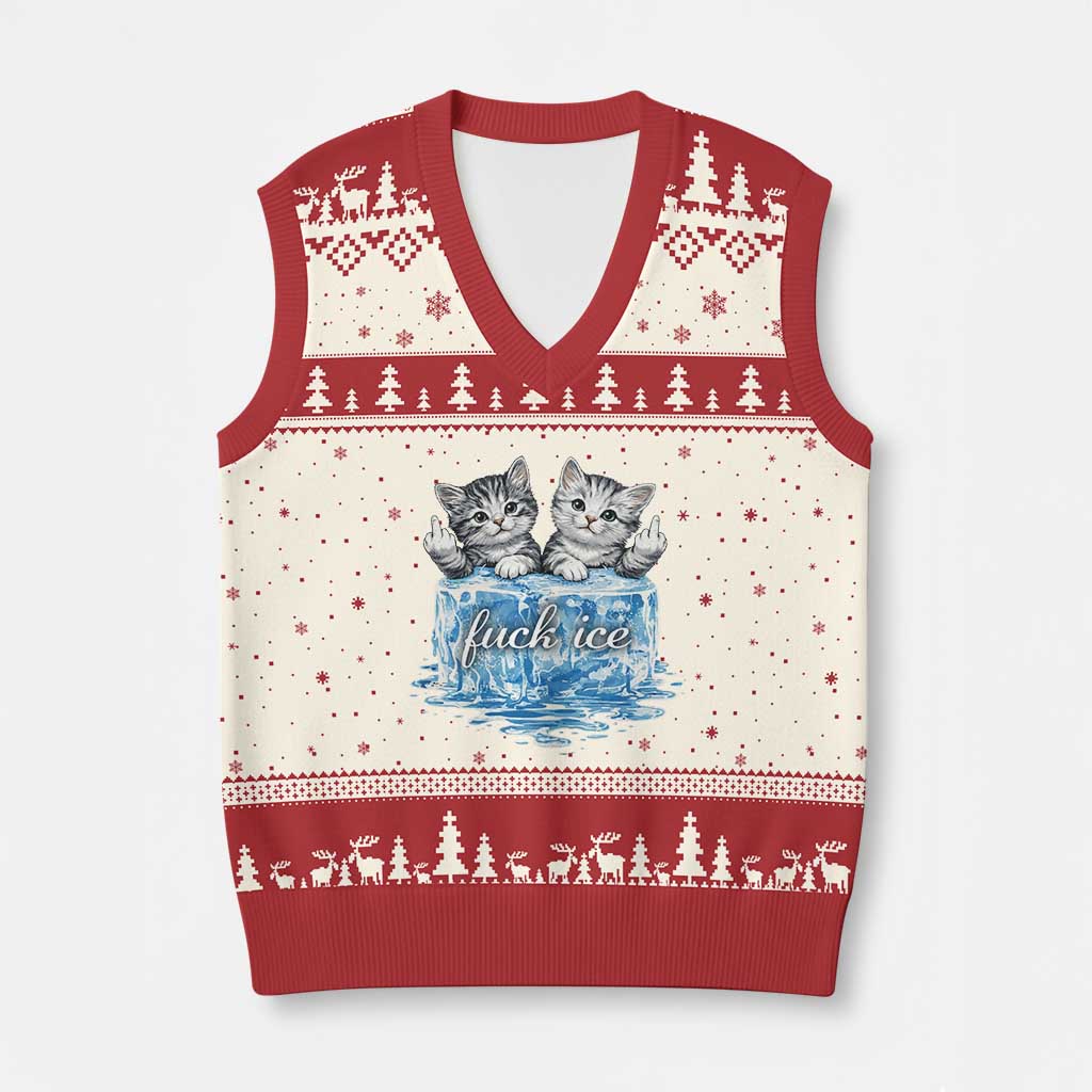 Fck Ice V-Neck Knit Sweater Vest Cute Cat Melting Ice Pro Immigrant TS11 Beige Red Print Your Wear