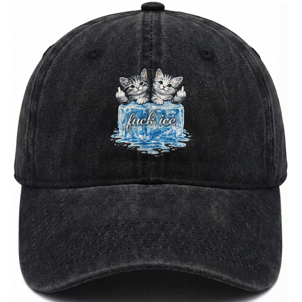 Fck Ice Washed Cotton Baseball Cap Cute Cat Melting Ice Pro Immigrant TS11 Print Your Wear