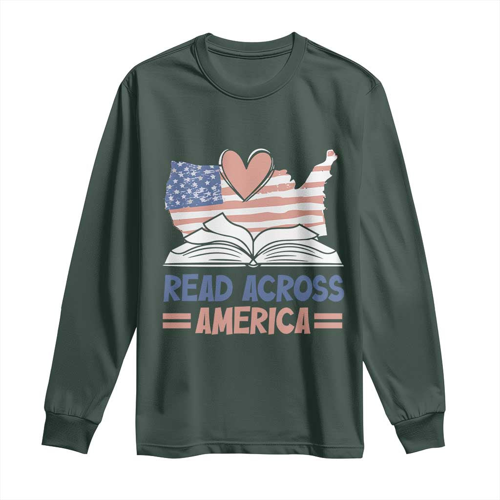 Funny National Reading Month Books Readers Long Sleeve Shirt Reading Across America Teacher American Flag TS11 Dark Forest Green Print Your Wear