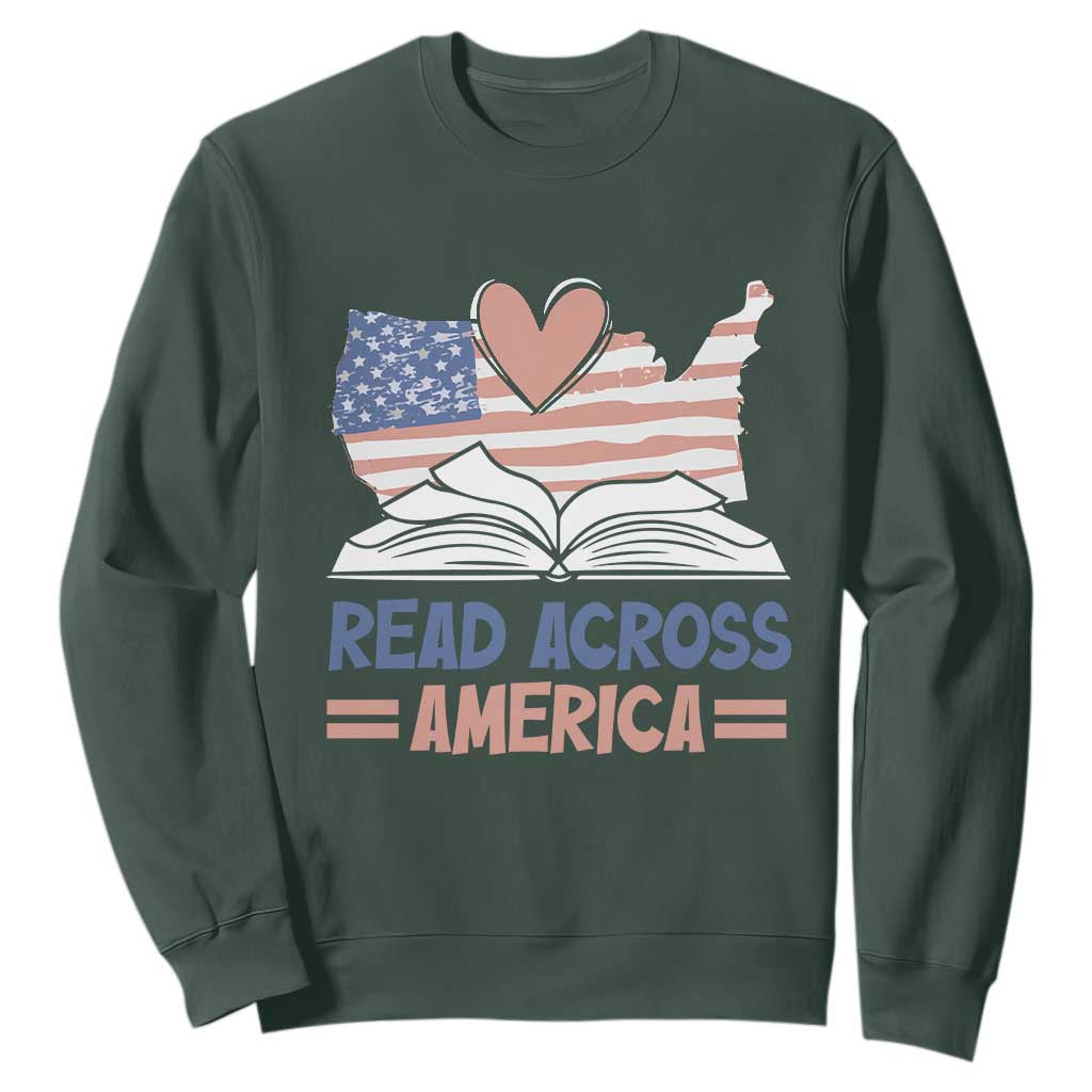 Funny National Reading Month Books Readers Sweatshirt Reading Across America Teacher American Flag TS11 Dark Forest Green Print Your Wear