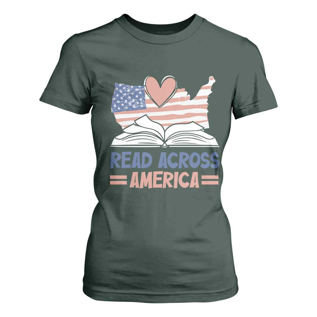 Funny National Reading Month Books Readers T Shirt For Women Reading Across America Teacher American Flag TS11 Dark Forest Green Print Your Wear
