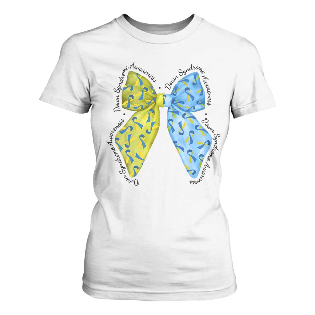Down Syndrome Awareness Coquette Bow Ribbon T Shirt For Women TS11 White Print Your Wear