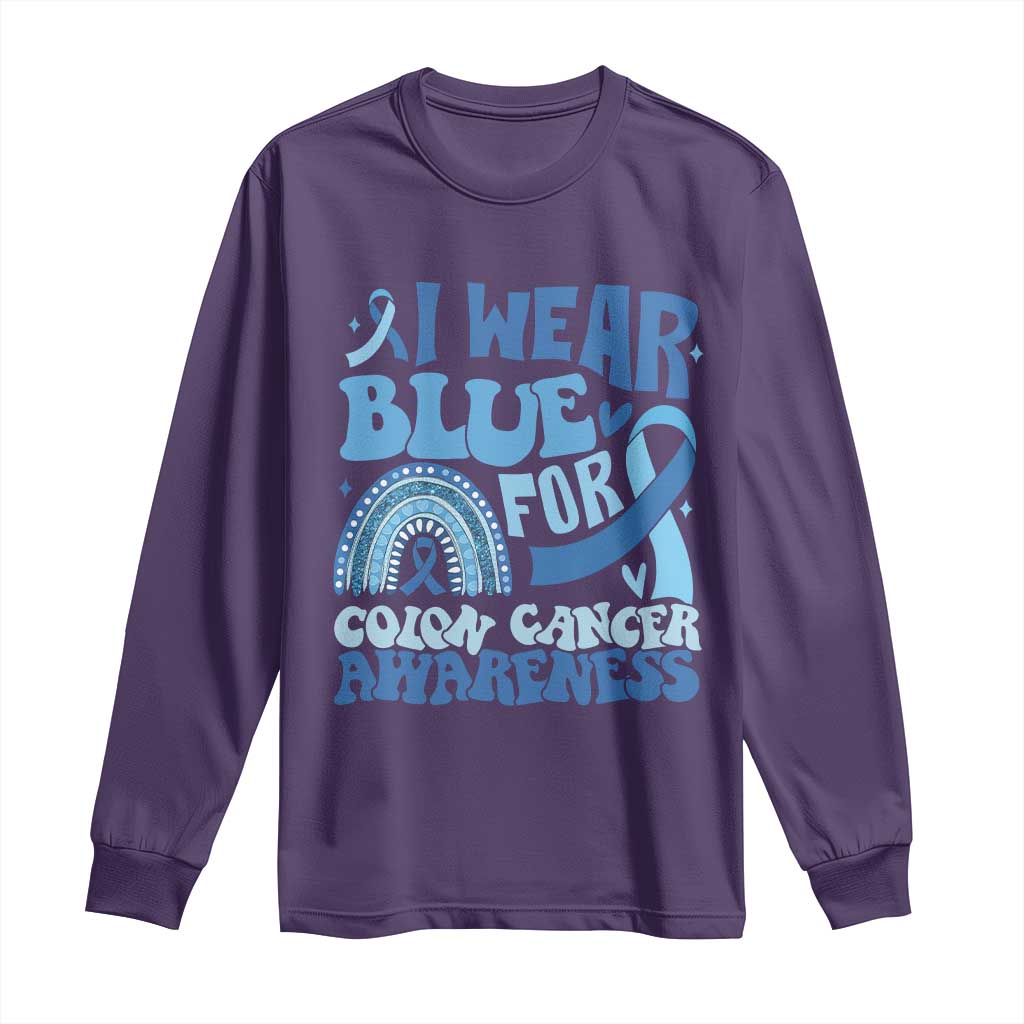 I Wear Blue For Colon Cancer Awareness Long Sleeve Shirt Rainbow Dark Blue Ribbon TS11 Purple Print Your Wear
