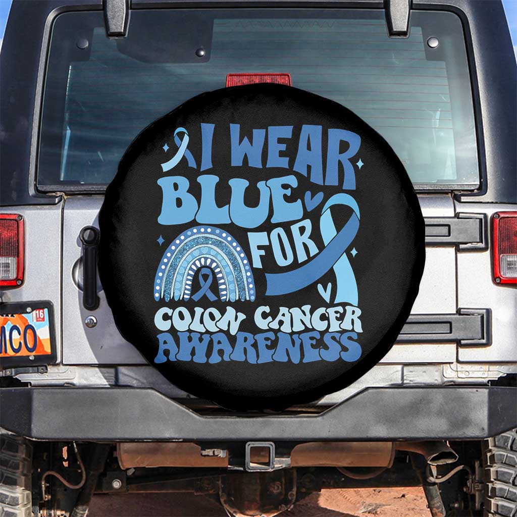 I Wear Blue For Colon Cancer Awareness Spare Tire Cover Rainbow Dark Blue Ribbon TS11 No hole Black Print Your Wear
