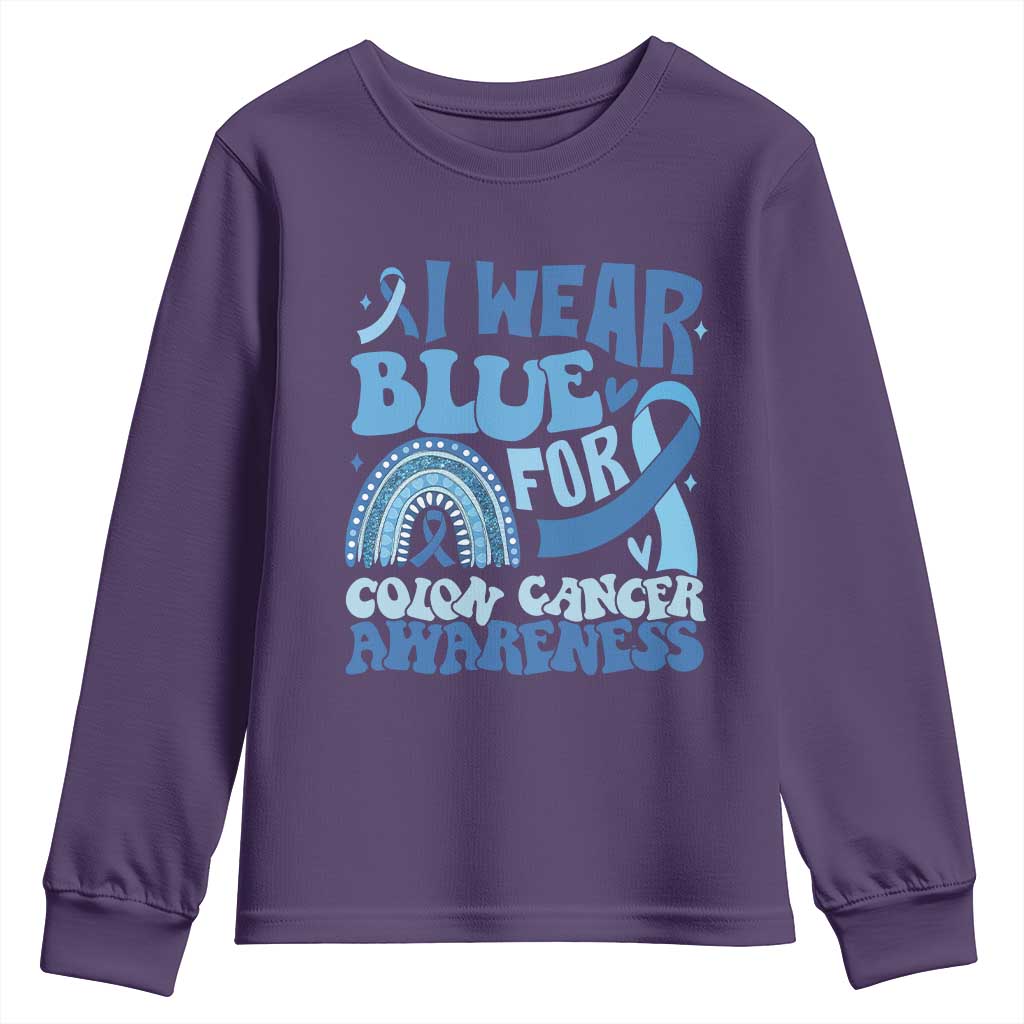 I Wear Blue For Colon Cancer Awareness Youth Sweatshirt Rainbow Dark Blue Ribbon TS11 Purple Print Your Wear