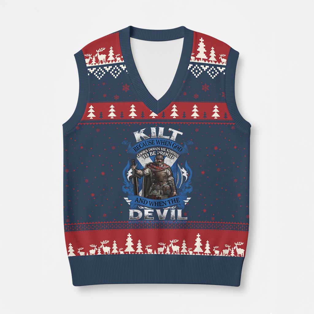 Kilt Because When God Looks Down He Knows To Be Proud And When The Devil Looks Up He Knows To Be Afraid V-Neck Knit Sweater Vest TS11 Navy Red Print Your Wear