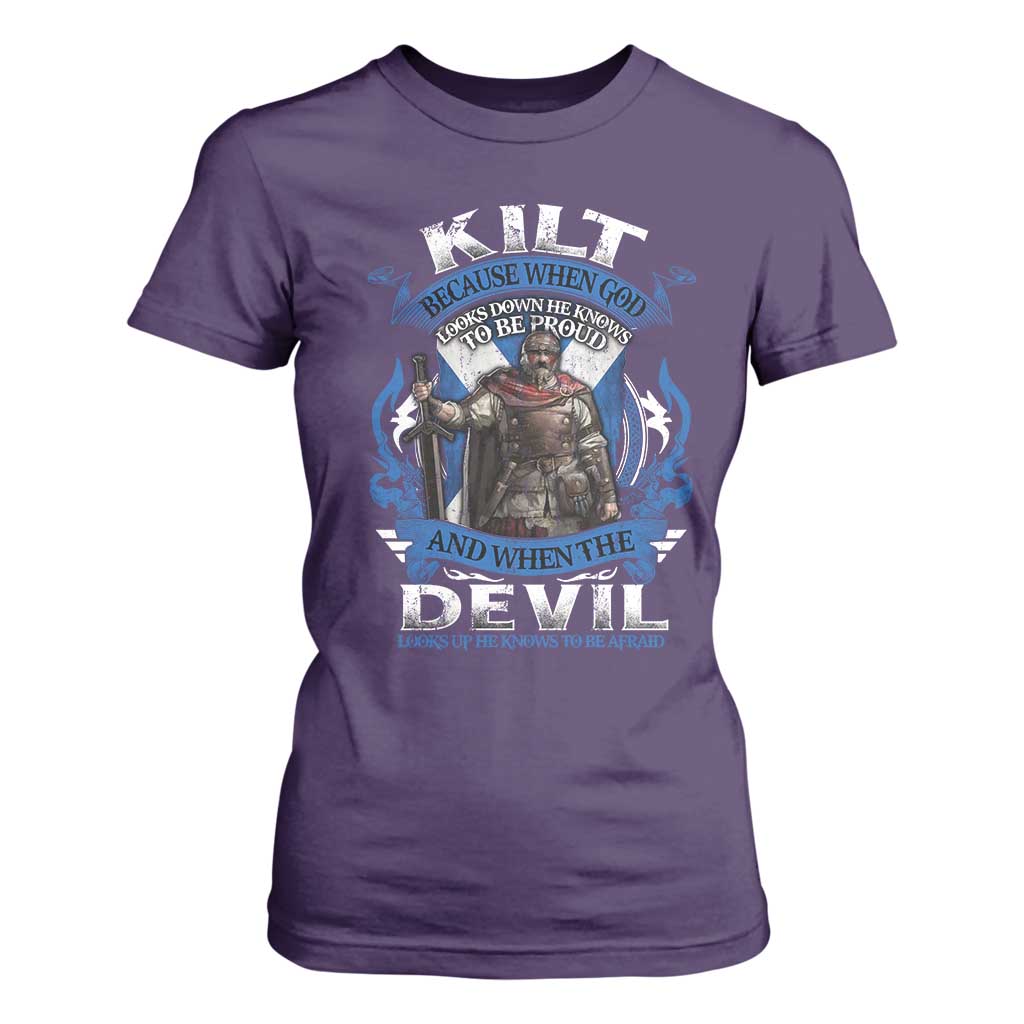 Kilt Because When God Looks Down He Knows To Be Proud And When The Devil Looks Up He Knows To Be Afraid T Shirt For Women TS11 Purple Print Your Wear