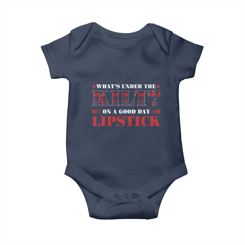 Funny Scottish Pride Baby Onesie What's Under The Kilt On A Good Day Lipstick Tartan TS11 Navy Print Your Wear