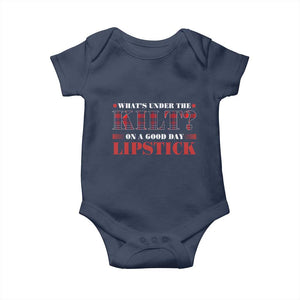 Funny Scottish Pride Baby Onesie What's Under The Kilt On A Good Day Lipstick Tartan TS11 Navy Print Your Wear