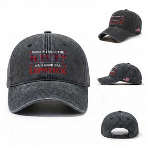 Funny Scottish Pride Washed Cotton Baseball Cap What's Under The Kilt On A Good Day Lipstick Tartan TS11 Washed Cap Universal Fit Dark Gray Print Your Wear