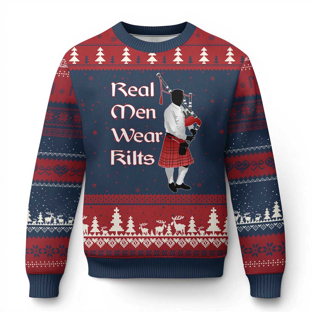 Funny Scottish Pride Ugly Christmas Sweater Real Men Wear Kits Tartan Bagpipe TS11 Navy Red Print Your Wear