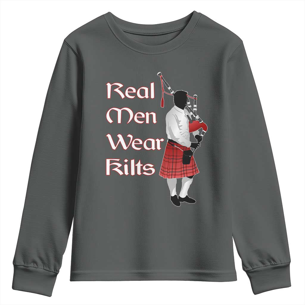 Funny Scottish Pride Youth Sweatshirt Real Men Wear Kits Tartan Bagpipe TS11 Dark Heather Print Your Wear
