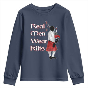 Funny Scottish Pride Youth Sweatshirt Real Men Wear Kits Tartan Bagpipe TS11 Navy Print Your Wear