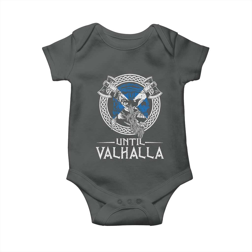 Funny Scottish Viking Baby Onesie Until Valhalla Vintage Scottish Flag Skull TS11 Dark Heather Print Your Wear