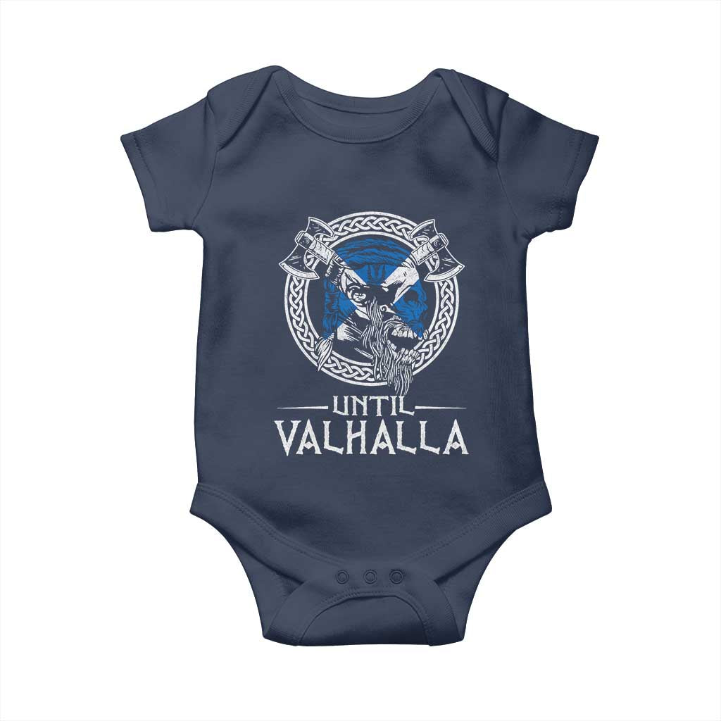 Funny Scottish Viking Baby Onesie Until Valhalla Vintage Scottish Flag Skull TS11 Navy Print Your Wear