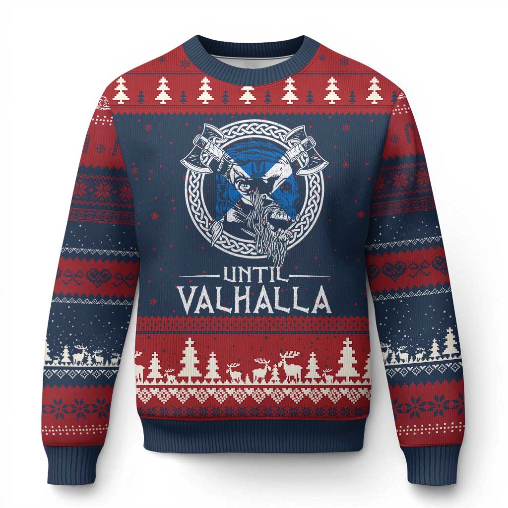 Funny Scottish Viking Ugly Christmas Sweater Until Valhalla Vintage Scottish Flag Skull TS11 Navy Red Print Your Wear