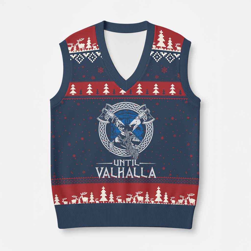 Funny Scottish Viking V-Neck Knit Sweater Vest Until Valhalla Vintage Scottish Flag Skull TS11 Navy Red Print Your Wear