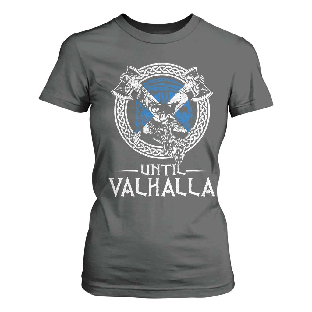 Funny Scottish Viking T Shirt For Women Until Valhalla Vintage Scottish Flag Skull TS11 Dark Heather Print Your Wear