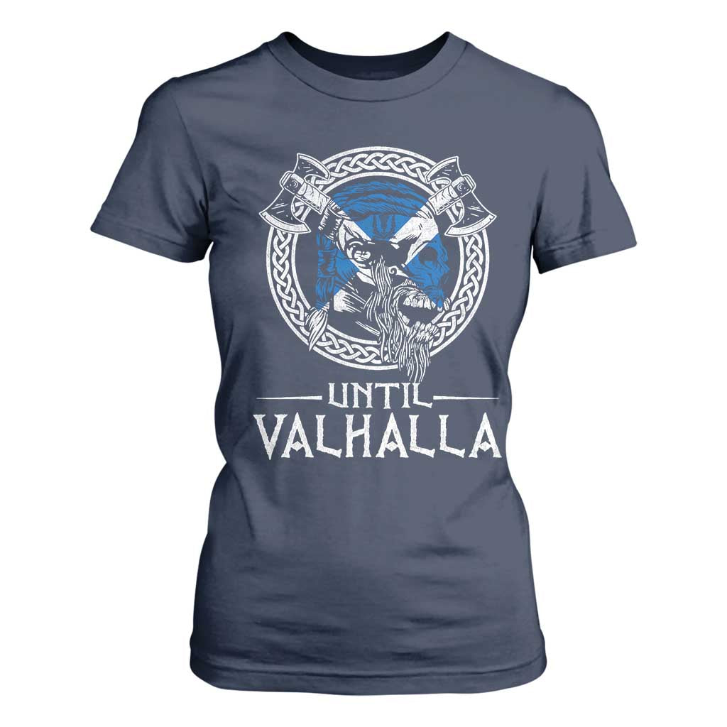 Funny Scottish Viking T Shirt For Women Until Valhalla Vintage Scottish Flag Skull TS11 Navy Print Your Wear