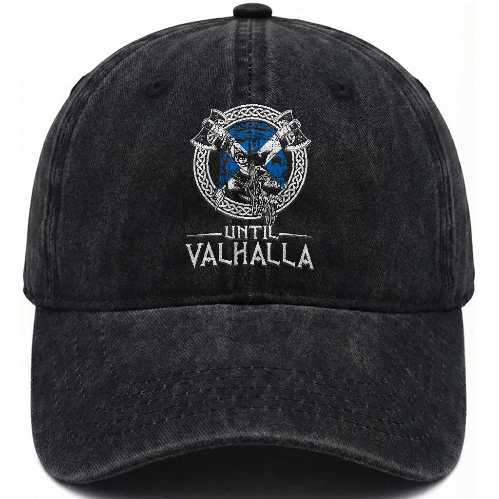 Funny Scottish Viking Washed Cotton Baseball Cap Until Valhalla Vintage Scottish Flag Skull TS11 Print Your Wear