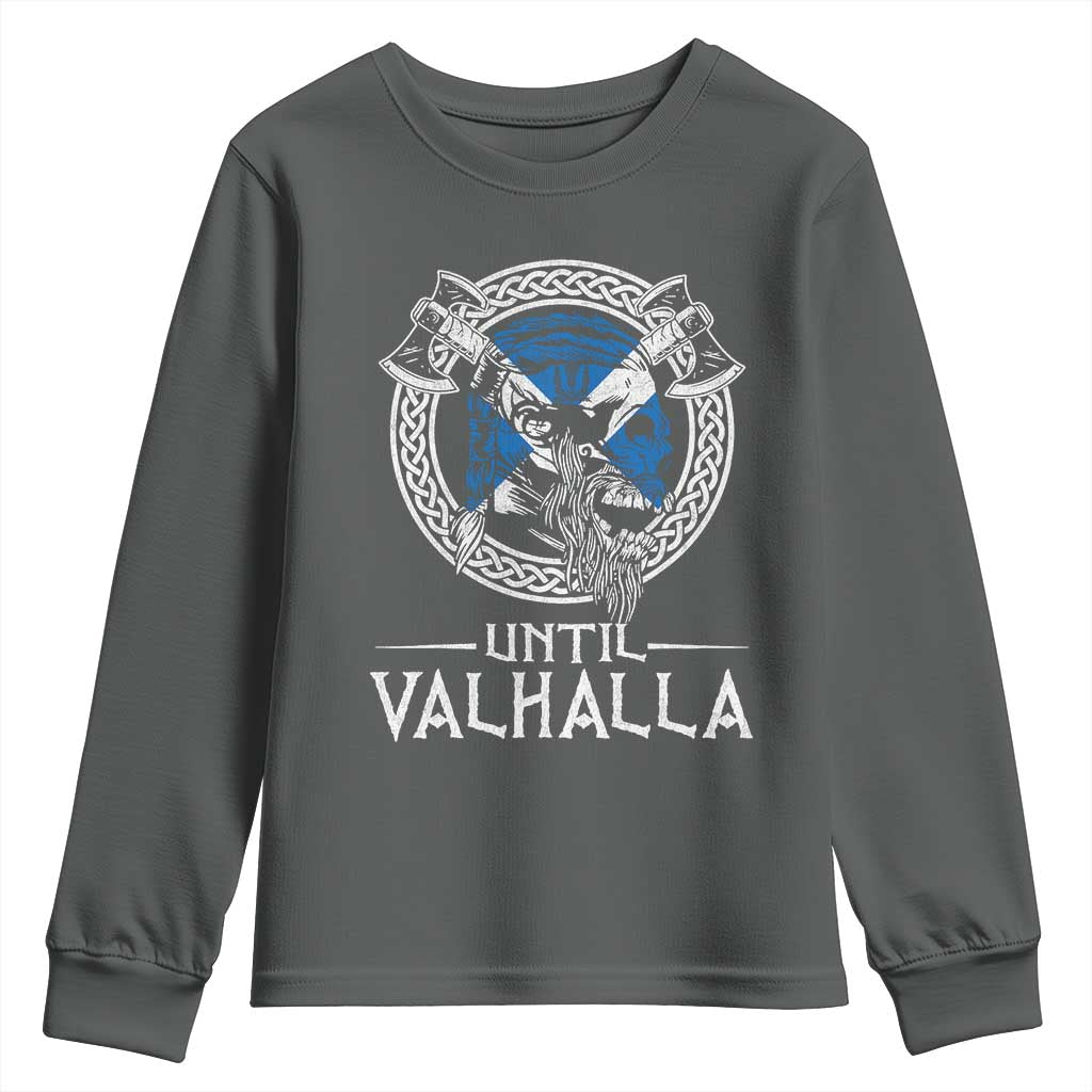 Funny Scottish Viking Youth Sweatshirt Until Valhalla Vintage Scottish Flag Skull TS11 Dark Heather Print Your Wear