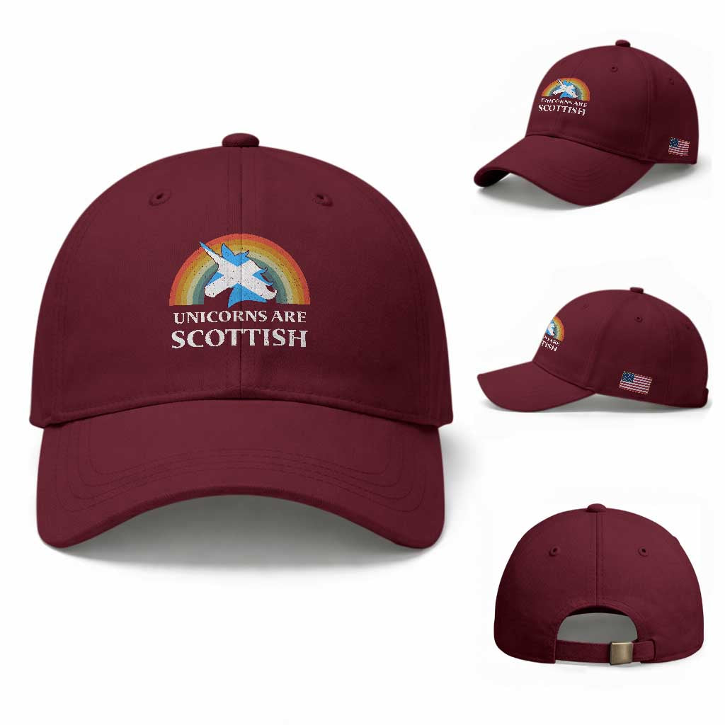 Funny Scotland Pride Unicorn Baseball Cap Unicorns Are Scottish Rainbow TS11 Baseball Cap Universal Fit Maroon Print Your Wear