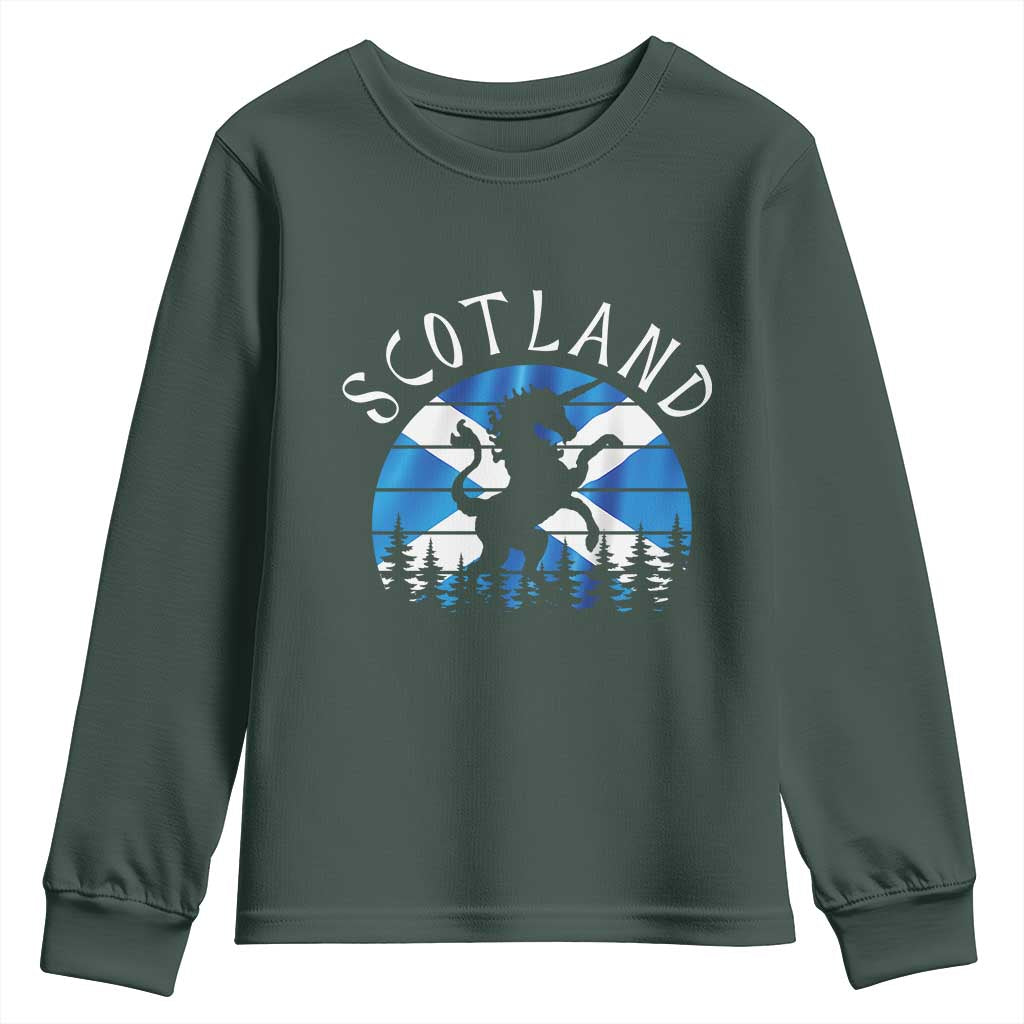 Funny Scotland Unicorn Scottish Flag Saltire Youth Sweatshirt TS11 Dark Forest Green Print Your Wear