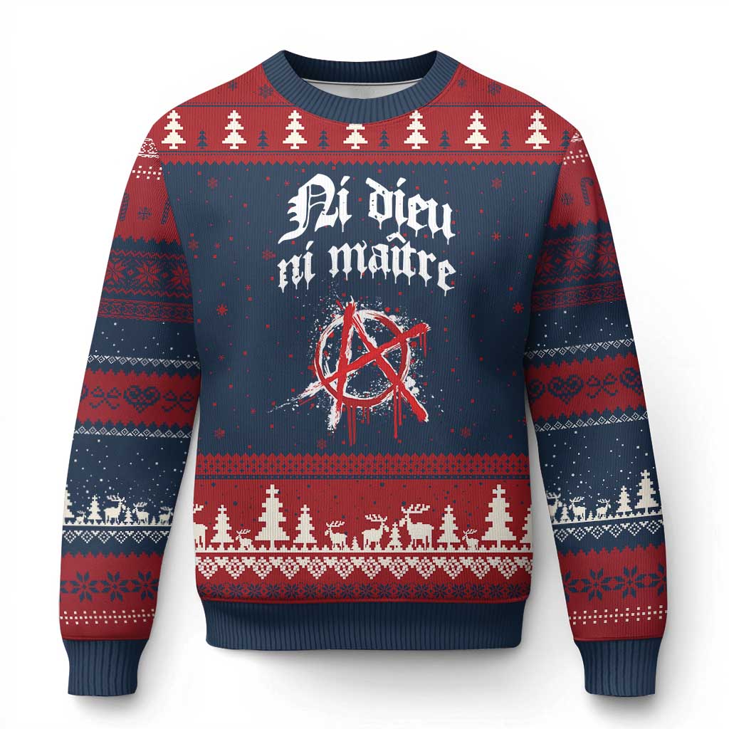 Ni Dieu Ni Maitre No God No Masters Ugly Christmas Sweater Anarchy Symbol TS11 Navy Red Print Your Wear