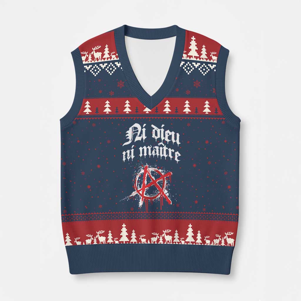 Ni Dieu Ni Maitre No God No Masters V-Neck Knit Sweater Vest Anarchy Symbol TS11 Navy Red Print Your Wear