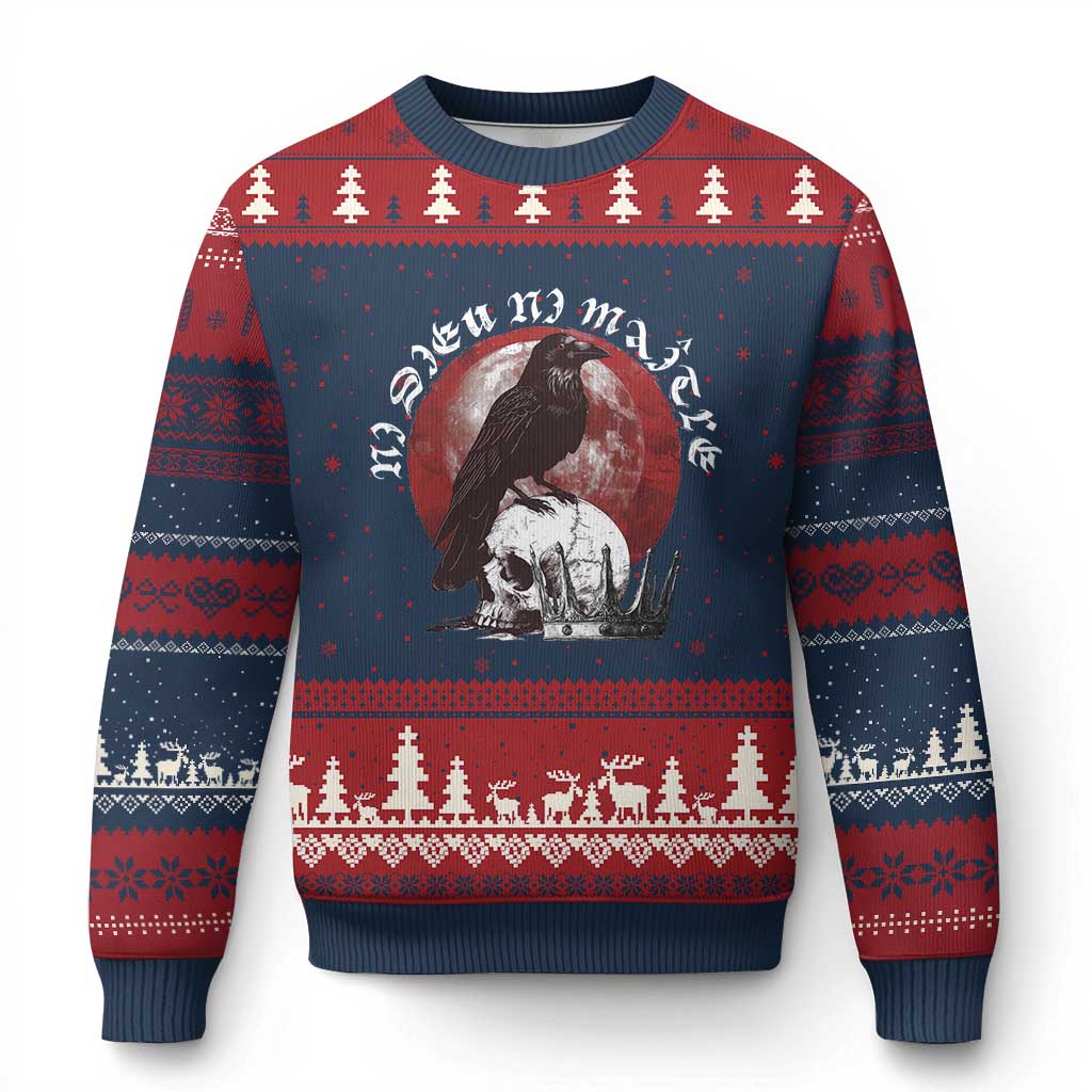 Ni Dieu Ni Maitre No God No Masters Ugly Christmas Sweater Raven Skull TS11 Navy Red Print Your Wear