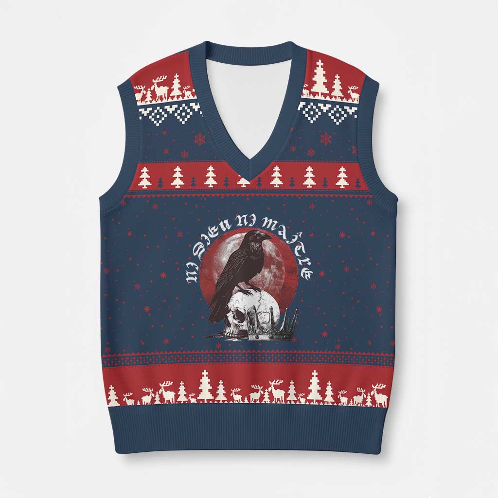 Ni Dieu Ni Maitre No God No Masters V-Neck Knit Sweater Vest Raven Skull TS11 Navy Red Print Your Wear