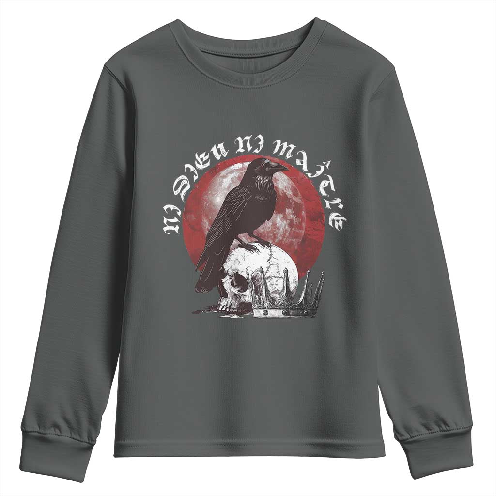 Ni Dieu Ni Maitre No God No Masters Youth Sweatshirt Raven Skull TS11 Dark Heather Print Your Wear