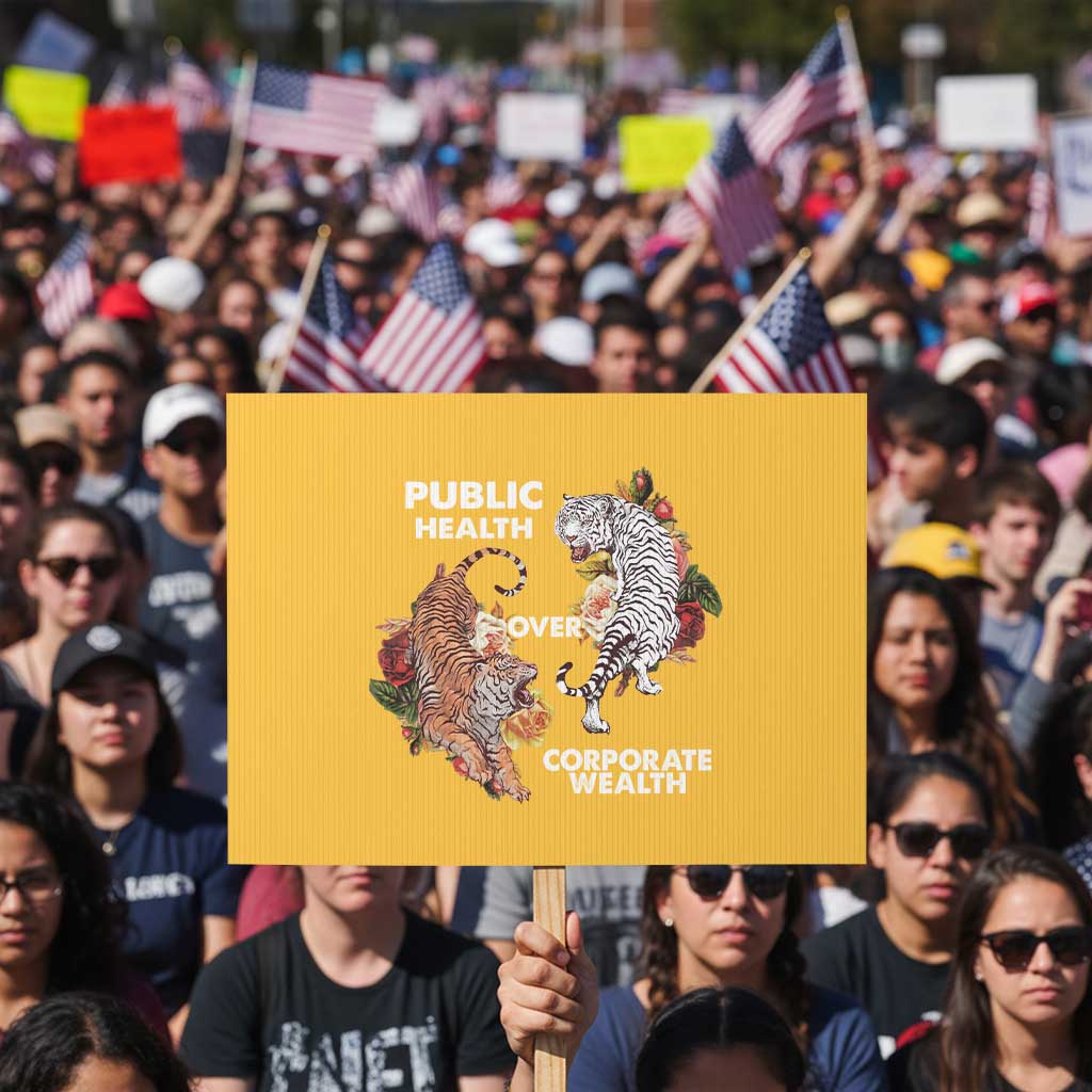 Public Health Over Corporate Wealth Protest Sign Social Justice Tiger TS11 Horizontal 18