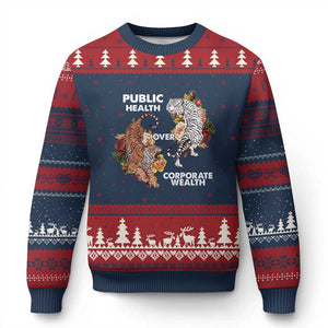 Public Health Over Corporate Wealth Ugly Christmas Sweater Social Justice Tiger TS11 Navy Red Print Your Wear