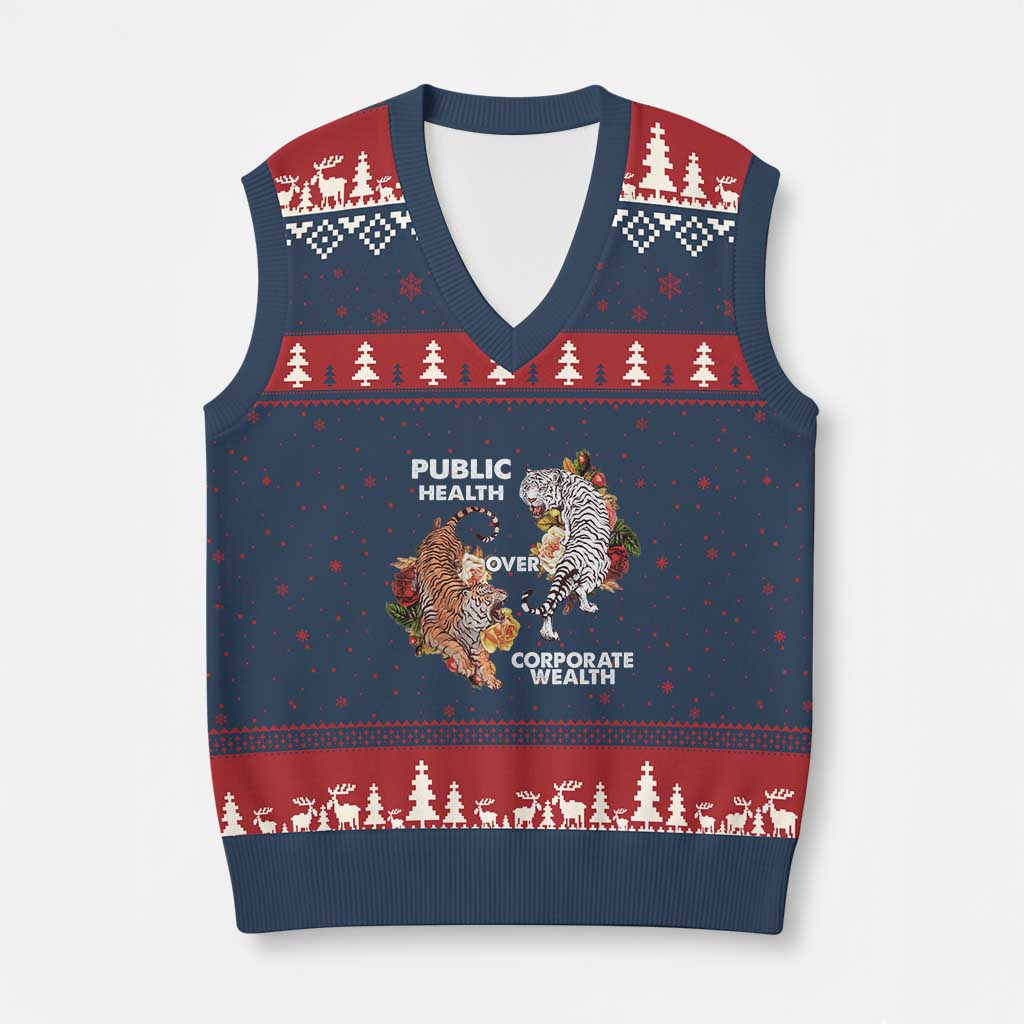 Public Health Over Corporate Wealth V-Neck Knit Sweater Vest Social Justice Tiger TS11 Navy Red Print Your Wear