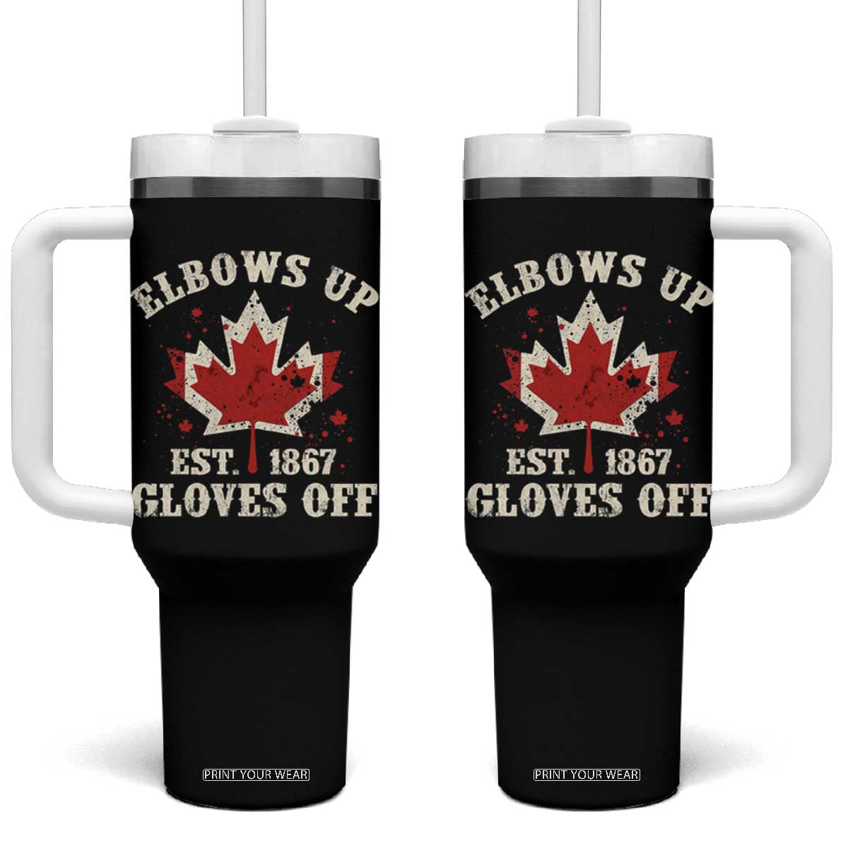 Elbows Up Canada EST 1867 Tumbler With Handle Proud Canadian Maple Leaf TS11 One Size: 40 oz Black Print Your Wear