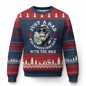 Just A Dad Who Always Came Back With The Milk Funny Bigfoot Father's Day Ugly Christmas Sweater TS11 Navy Red Print Your Wear